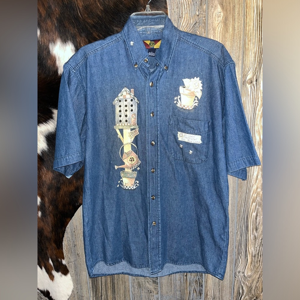 Vintage grandma button up short sleeve blue jean painted pocket front shirt